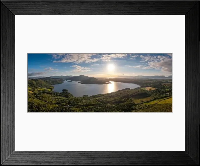 Framed Print : An aerial panorama of Caragh Lake in County Kerry with the sun setting over the lake Framed Print : An aerial panorama of Caragh Lake in County Kerry with the sun setting over the lake