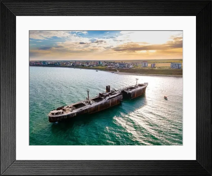 Framed Print : Drone photography of a rusty shipwreck at the Black Sea located next to Costinesti beach Framed Print : Drone photography of a rusty shipwreck at the Black Sea located next to Costinesti beach