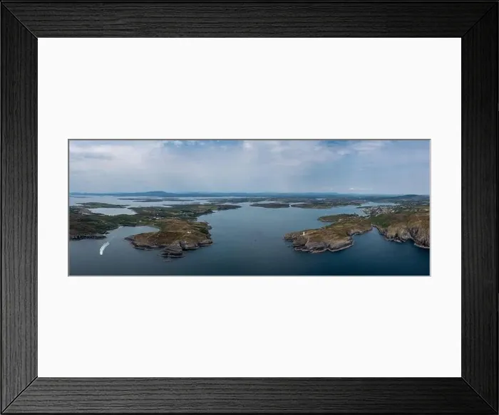 Framed Print : A panorama view of the entrance to the Baltimore Harbor in West Cork with teh Sherkin Island Lighthouse Framed Print : A panorama view of the entrance to the Baltimore Harbor in West Cork with teh Sherkin Island Lighthouse