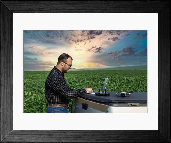 Framed Print : Farmer standing in soybean field looking at notebook and drone Framed Print : Farmer standing in soybean field looking at notebook and drone