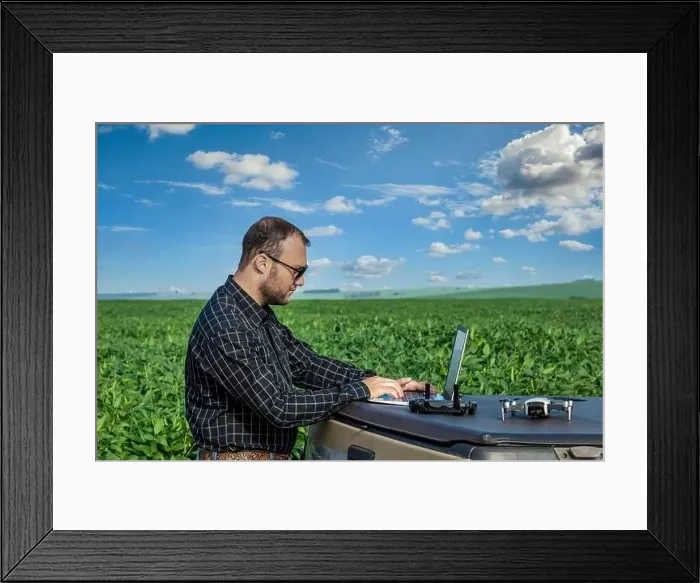 Framed Print : Farmer standing in soybean field looking at notebook and drone Framed Print : Farmer standing in soybean field looking at notebook and drone
