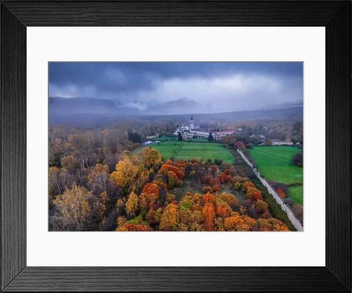 Framed Print : Breathtaking aerial view of Torla town with aged castle surrounded by lush colorful autumn trees under gloomy sky in Framed Print : Breathtaking aerial view of Torla town with aged castle surrounded by lush colorful autumn trees under gloomy sky in