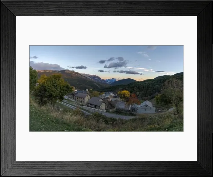 Framed Print : Picturesque drone view of small settlement with cottage houses in autumn sunset located in Fanlo in Huesca, Spain Framed Print : Picturesque drone view of small settlement with cottage houses in autumn sunset located in Fanlo in Huesca, Spain