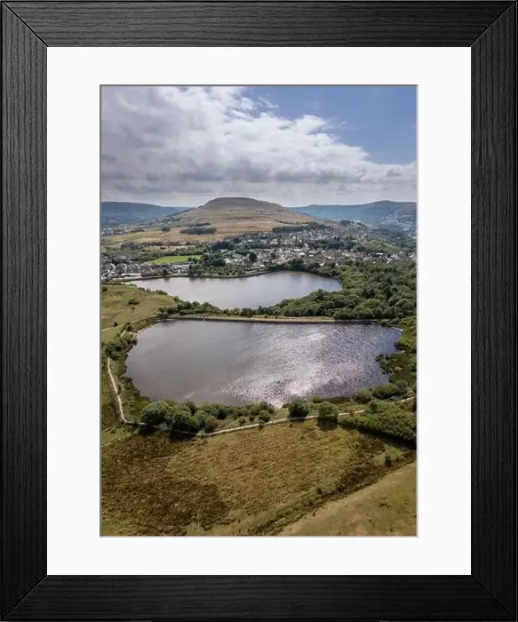 Framed Print : Aerial view of lakes and ponds in Gwent, South Wales, United Kingdom Framed Print : Aerial view of lakes and ponds in Gwent, South Wales, United Kingdom