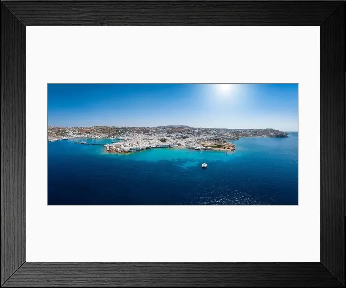Framed Print : Wide, aerial panorama of the town amd harbour of Mykonos island Framed Print : Wide, aerial panorama of the town amd harbour of Mykonos island