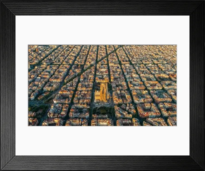 Framed Print : Aerial view of Barcelona Eixample residential district and Sagrada Familia Basilica at sunrise. Catalonia, Spain Framed Print : Aerial view of Barcelona Eixample residential district and Sagrada Familia Basilica at sunrise. Catalonia, Spain
