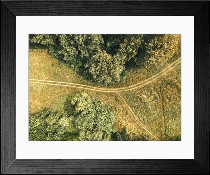 Framed Print : Top-down aerial view of path crossing meadow and forest. Textured natural background Framed Print : Top-down aerial view of path crossing meadow and forest. Textured natural background
