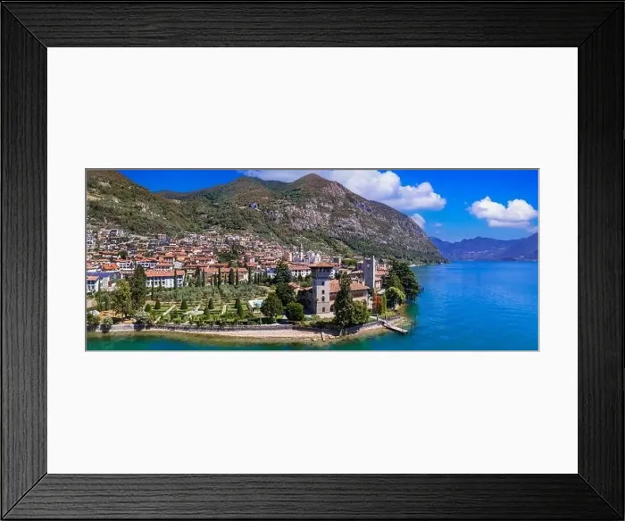 Framed Print : Romantic beautiful lake Iseo, aerial view of Predore idyllic village surrounded by mountains. Italy, Bergamo province Framed Print : Romantic beautiful lake Iseo, aerial view of Predore idyllic village surrounded by mountains. Italy, Bergamo province