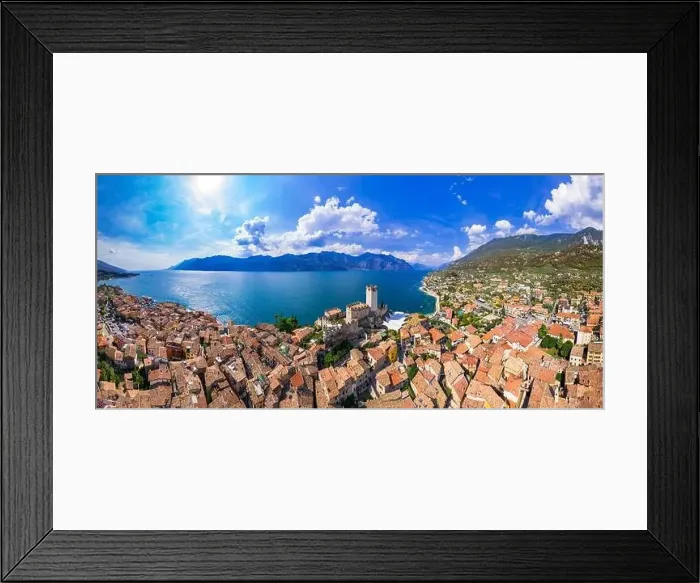Framed Print : italian lakes scenery - beautiful Lago di Garda. Aerial panorama of Malcesine castle, village and beach Framed Print : italian lakes scenery - beautiful Lago di Garda. Aerial panorama of Malcesine castle, village and beach