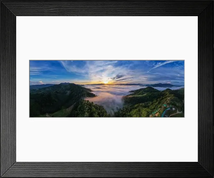 Framed Print : Aerial view Panorama of flowing fog waves on mountain tropical rainforest Framed Print : Aerial view Panorama of flowing fog waves on mountain tropical rainforest