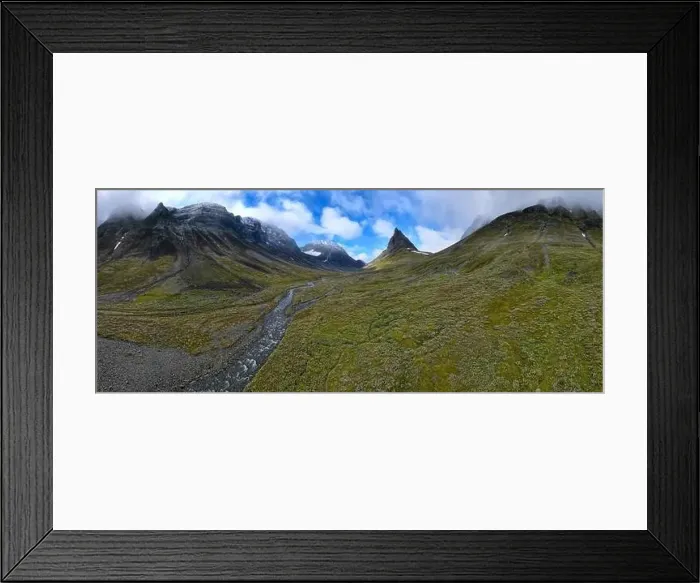 Framed Print : An aerial panorama of Nallo mountain and Raitavagge valley in Kebnekaise area, Lapland, Sweden Framed Print : An aerial panorama of Nallo mountain and Raitavagge valley in Kebnekaise area, Lapland, Sweden