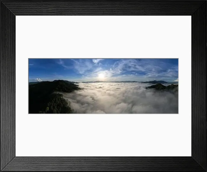 Framed Print : Aerial view Panorama of flowing fog waves on mountain tropical rainforest Framed Print : Aerial view Panorama of flowing fog waves on mountain tropical rainforest