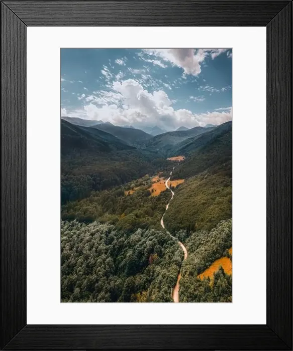 Framed Print : Tranquil mountain aerial drone view on a summer day Framed Print : Tranquil mountain aerial drone view on a summer day