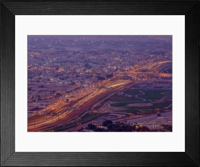 Framed Print : bird eye aerial View of Doha City after sunset.. Doha roads and traffic Framed Print : bird eye aerial View of Doha City after sunset.. Doha roads and traffic