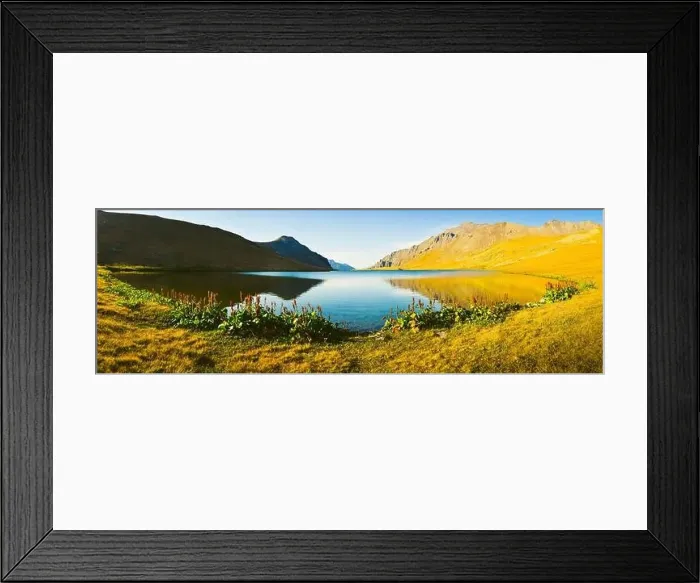 Framed Print : Aerial panorama close up blue Black rock lake panorama in scenic evening sunset light outdoors Framed Print : Aerial panorama close up blue Black rock lake panorama in scenic evening sunset light outdoors