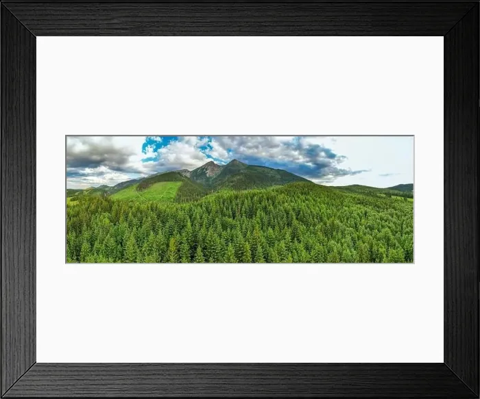 Framed Print : Green forest and Tatras Mountains in summer. Drone Panorama