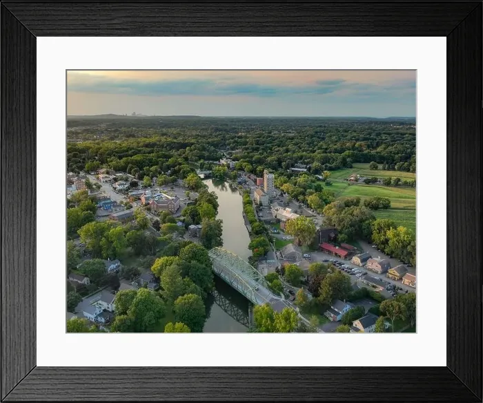 Framed Print : Early evening aerial photo of Schoen Place and the Erie Canal in the Village of Pittsford, New York Framed Print : Early evening aerial photo of Schoen Place and the Erie Canal in the Village of Pittsford, New York