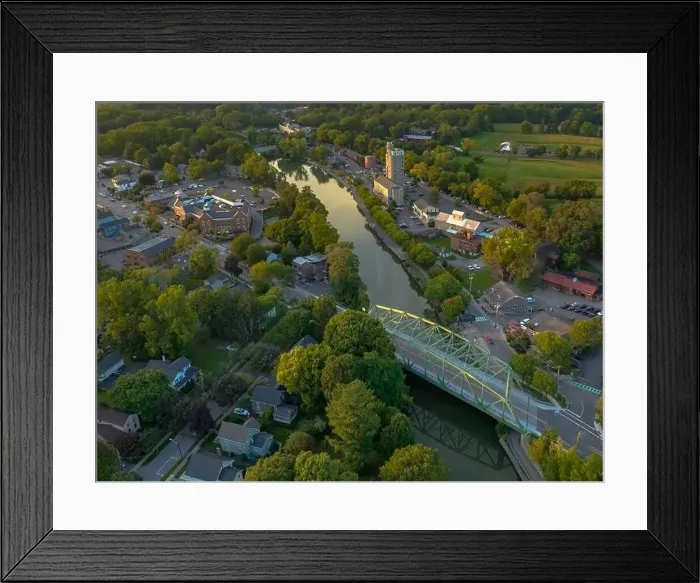 Framed Print : Early evening aerial photo of Schoen Place and the Erie Canal in the Village of Pittsford, New York Framed Print : Early evening aerial photo of Schoen Place and the Erie Canal in the Village of Pittsford, New York