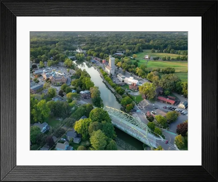 Framed Print : Early evening aerial photo of Schoen Place and the Erie Canal in the Village of Pittsford, New York Framed Print : Early evening aerial photo of Schoen Place and the Erie Canal in the Village of Pittsford, New York