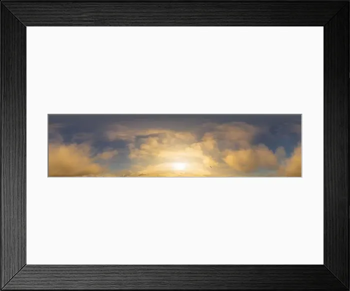 Framed Print : Golden glowing sunset sky panorama with Cirrus clouds Framed Print : Golden glowing sunset sky panorama with Cirrus clouds