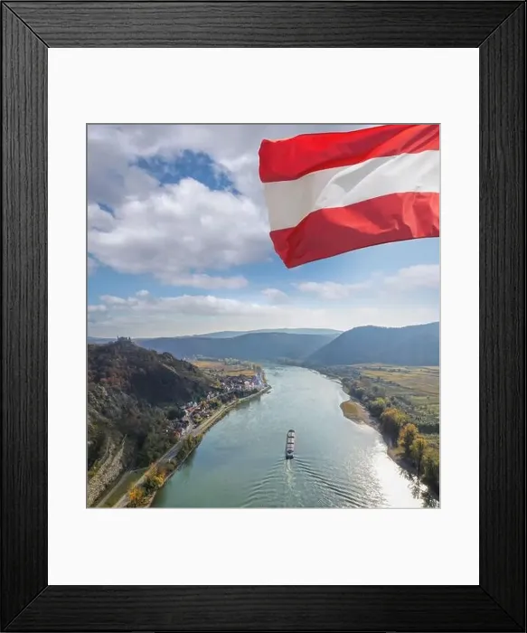 Framed Print : Panorama of Duernstein village with ship on Danube river during autumn in Austria, UNESCO Framed Print : Panorama of Duernstein village with ship on Danube river during autumn in Austria, UNESCO