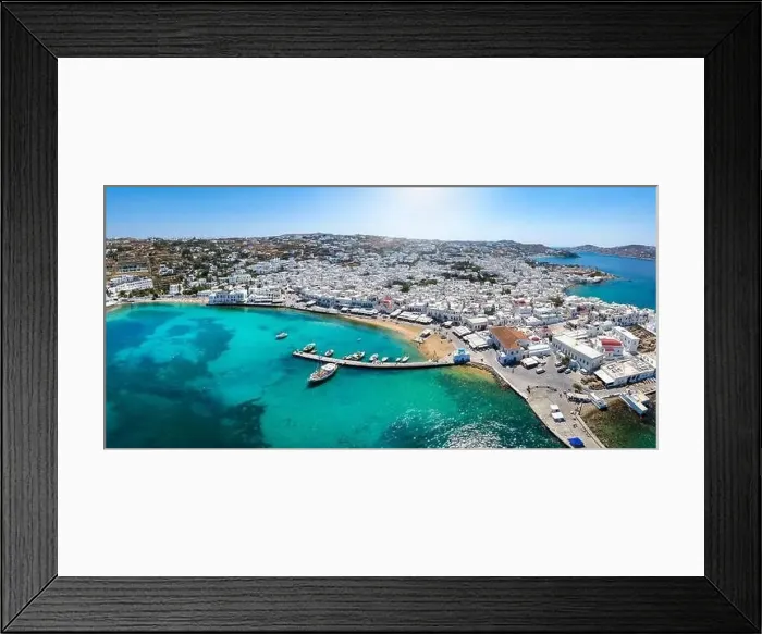 Framed Print : Panoramic aerial view of the city and old harbor of Mykonos island Framed Print : Panoramic aerial view of the city and old harbor of Mykonos island