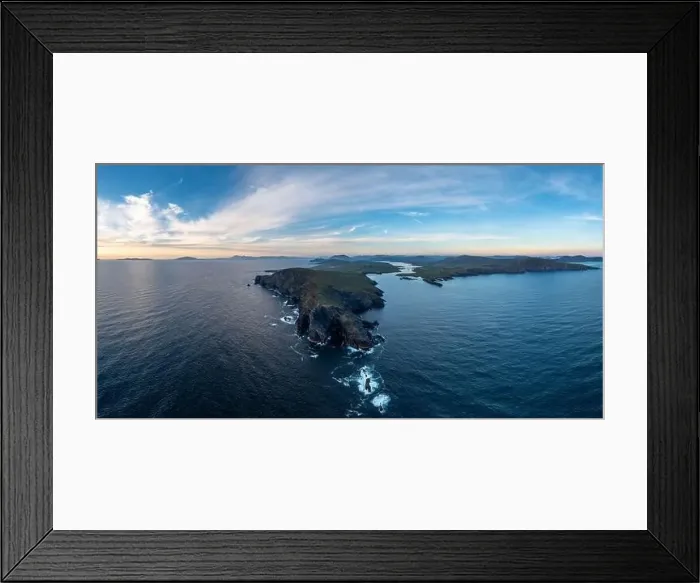 Framed Print : aerial panorama landscape of the Bray Head cliffs on Valentia Island at dusk Framed Print : aerial panorama landscape of the Bray Head cliffs on Valentia Island at dusk
