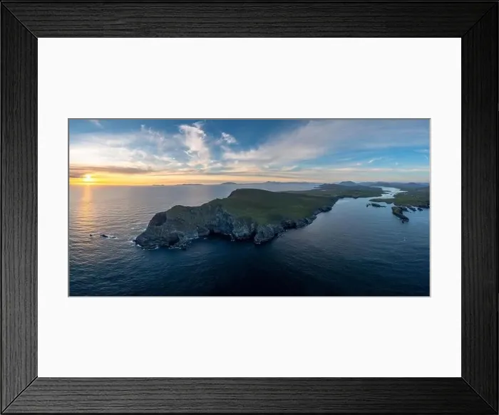 Framed Print : An aerial panorama view of the Bray Head cliffs and headland on Valentia Island at sunset Framed Print : An aerial panorama view of the Bray Head cliffs and headland on Valentia Island at sunset
