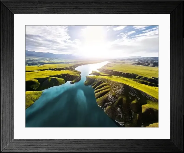 Framed Print : Aerial drone shot of beautiful scenery of blue mountain lake with green hills at sunset light glow in Tien Shan Framed Print : Aerial drone shot of beautiful scenery of blue mountain lake with green hills at sunset light glow in Tien Shan