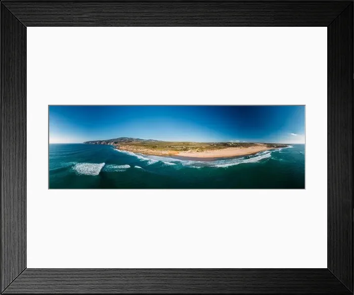 Framed Print : Aerial panorama of Guincho Beach, Cascais, Portugal with Cabo da Roca visible on far right Framed Print : Aerial panorama of Guincho Beach, Cascais, Portugal with Cabo da Roca visible on far right