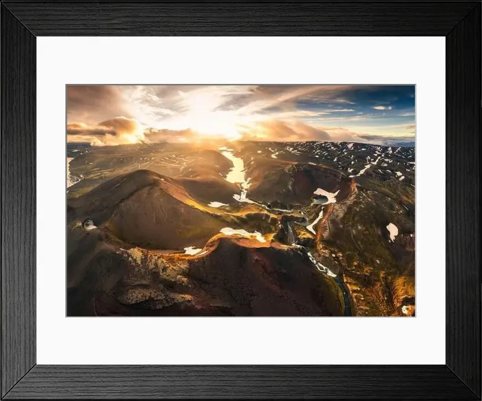 Framed Print : Aerial drone view of sunset over mysterious volcanic crater Framed Print : Aerial drone view of sunset over mysterious volcanic crater