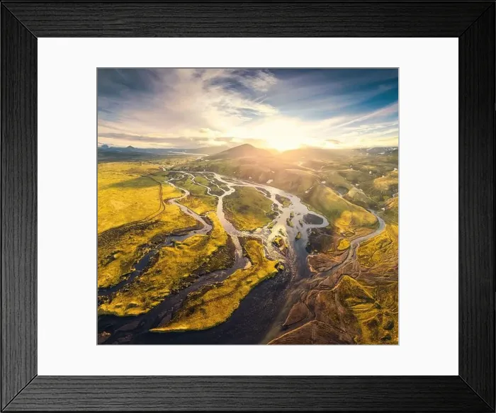Framed Print : Aerial view of sunset over volcanic mountain Framed Print : Aerial view of sunset over volcanic mountain