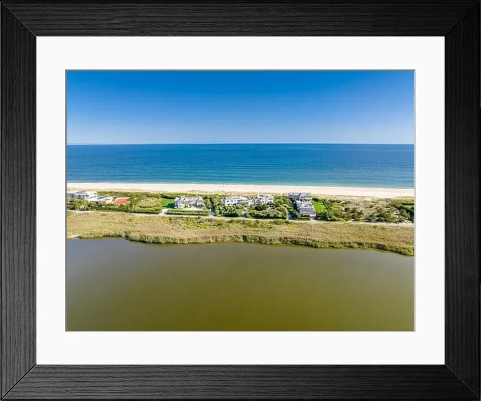 Framed Print : Aerial view of waterfront homes on dune road Framed Print : Aerial view of waterfront homes on dune road