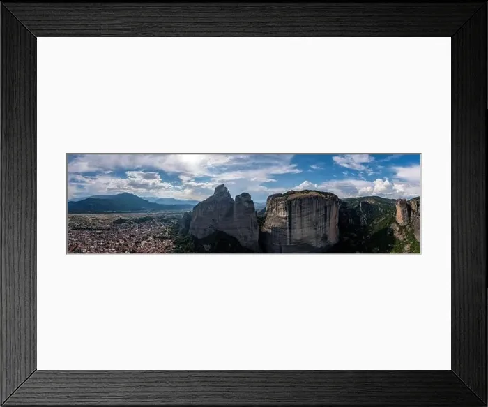 Framed Print : Greece Meteora landscape panoramic aerial view. Kalabaka village and famous rock formations. Europe travel destination Framed Print : Greece Meteora landscape panoramic aerial view. Kalabaka village and famous rock formations. Europe travel destination