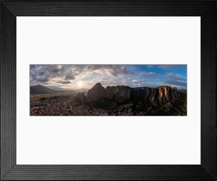 Framed Print : Meteora Greece panorama. Sunset and cloudy sky over Kalabaka town and valley Framed Print : Meteora Greece panorama. Sunset and cloudy sky over Kalabaka town and valley