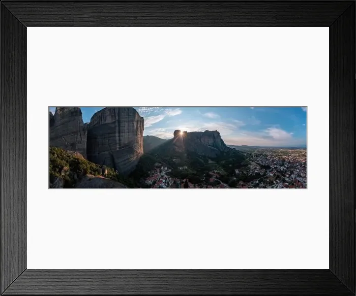 Framed Print : Meteora Greece panorama. Sunset and cloudy sky over Kalabaka town. Rock formations landscape, Europe travel destination Framed Print : Meteora Greece panorama. Sunset and cloudy sky over Kalabaka town. Rock formations landscape, Europe travel destination