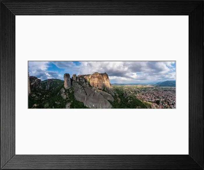 Framed Print : Greece Meteora landscape panoramic aerial view. Kalabaka village and famous rock formations. Europe travel destination Framed Print : Greece Meteora landscape panoramic aerial view. Kalabaka village and famous rock formations. Europe travel destination