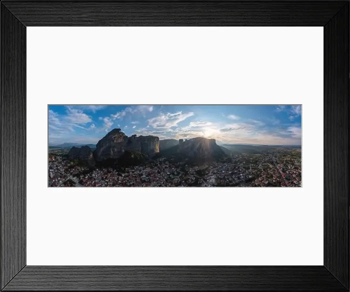 Framed Print : Meteora Greece panorama. Sunset and cloudy sky over Kalabaka town. Rock formations landscape, Europe travel destination Framed Print : Meteora Greece panorama. Sunset and cloudy sky over Kalabaka town. Rock formations landscape, Europe travel destination