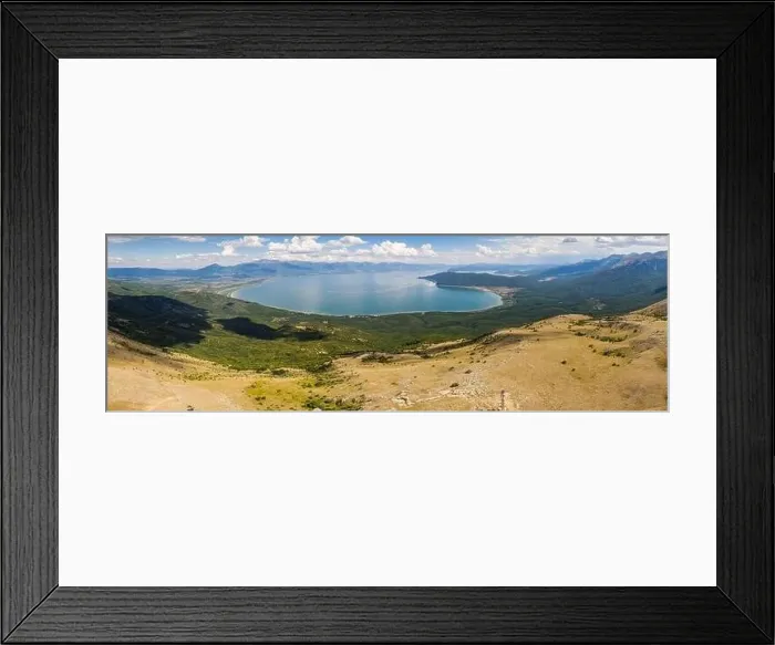 Framed Print : Panoramic aerial view of Ohrid-Prespa Transboundary Biosphere Reserve in National Park Galicica in North Macedonia with Framed Print : Panoramic aerial view of Ohrid-Prespa Transboundary Biosphere Reserve in National Park Galicica in North Macedonia with