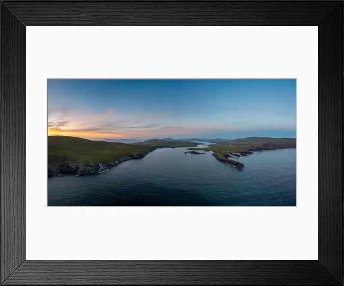 Framed Print : panorama drone view of the Iveragh Peninsula with Valentia Island and Portmagee at sunset Framed Print : panorama drone view of the Iveragh Peninsula with Valentia Island and Portmagee at sunset