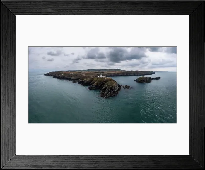 Framed Print : aerial panorama landscape of the Pembrokeshire coast with the historic Strumble Head Lighthouse Framed Print : aerial panorama landscape of the Pembrokeshire coast with the historic Strumble Head Lighthouse