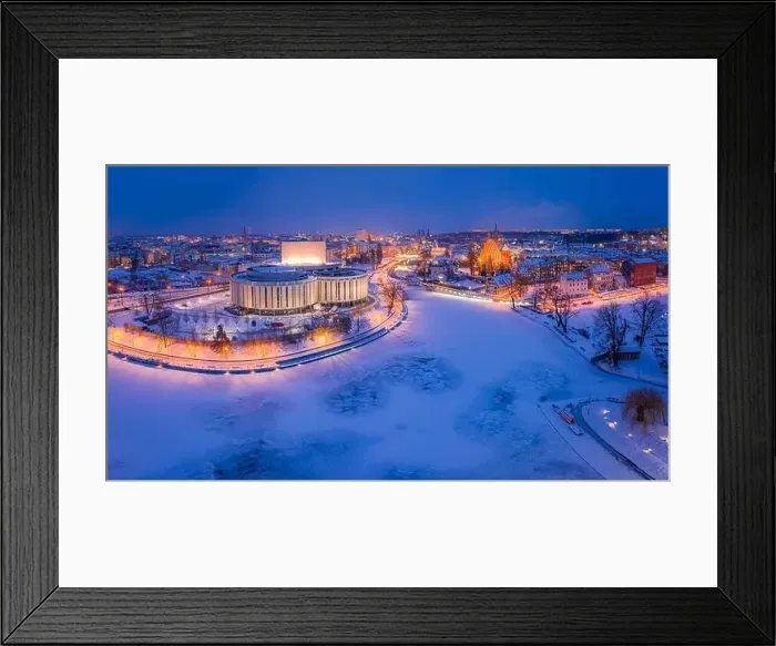 Framed Print : Aerial view of Opera in Bydgoszcz at dusk in winter, Poland Framed Print : Aerial view of Opera in Bydgoszcz at dusk in winter, Poland