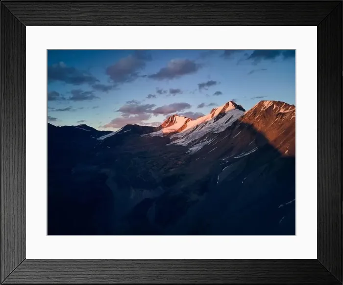 Framed Print : Beautiful scenery of the mountains with snow glacier silhouette at blue sunset sky Almaty Framed Print : Beautiful scenery of the mountains with snow glacier silhouette at blue sunset sky Almaty