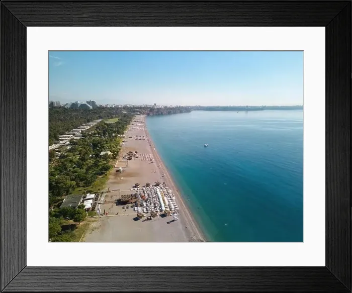 Framed Print : Aerial drone photo of Antalya Konyaalti beach and cliffs. Selective focus