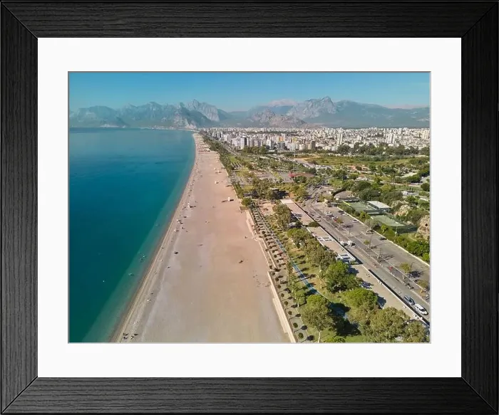 Framed Print : Aerial drone photo of Antalya Konyaalti beach and cliffs. Selective focus