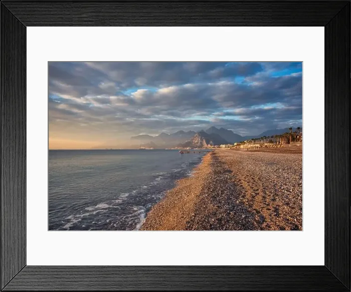 Framed Print : View on Antalya Beach and Taurus Mountains at sunrise. Antalya, Turkey Framed Print : View on Antalya Beach and Taurus Mountains at sunrise. Antalya, Turkey