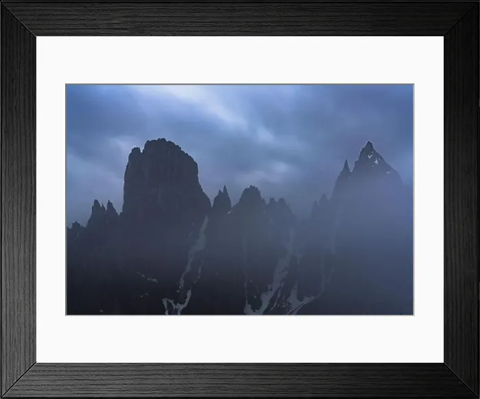 Framed Print : Cloudy sky at dusk over Cadini di Misurina emerging from fog, Dolomites, Veneto, Italy