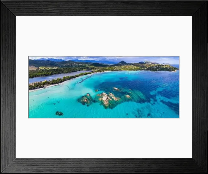 Framed Print : Best beaches of Corsica island - aerial panoramic view of beautiful Santa Giulia long beach with sault lake from one Framed Print : Best beaches of Corsica island - aerial panoramic view of beautiful Santa Giulia long beach with sault lake from one