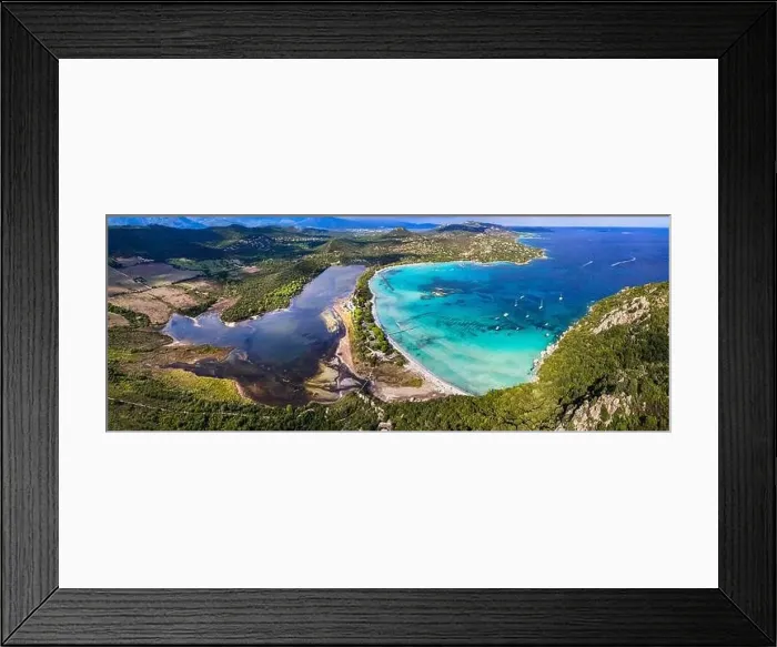 Framed Print : Best beaches of Corsica island - aerial panoramic view of beautiful Santa Giulia long beach with sault lake from one Framed Print : Best beaches of Corsica island - aerial panoramic view of beautiful Santa Giulia long beach with sault lake from one