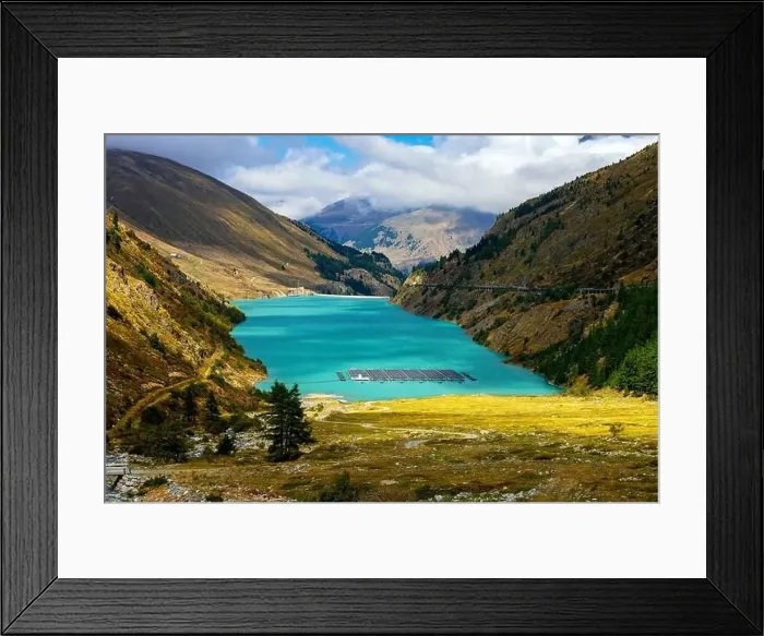 Framed Print : Solar cells float on hydro dam on Barrage des Toules lake, Switzerland Framed Print : Solar cells float on hydro dam on Barrage des Toules lake, Switzerland
